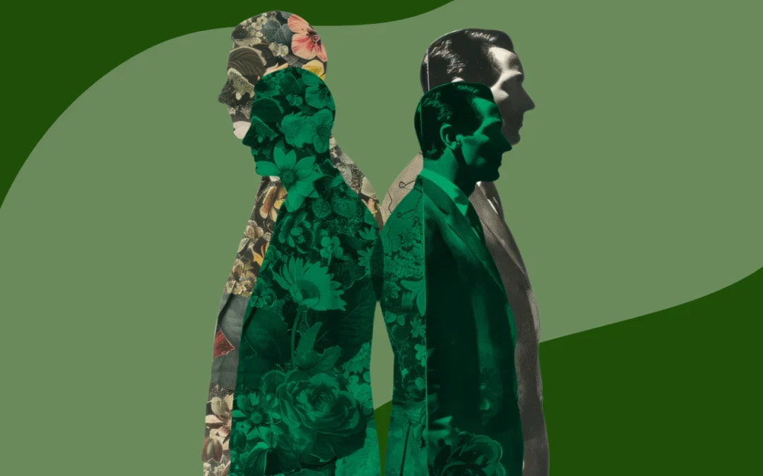 two men standing back to back on a green background 