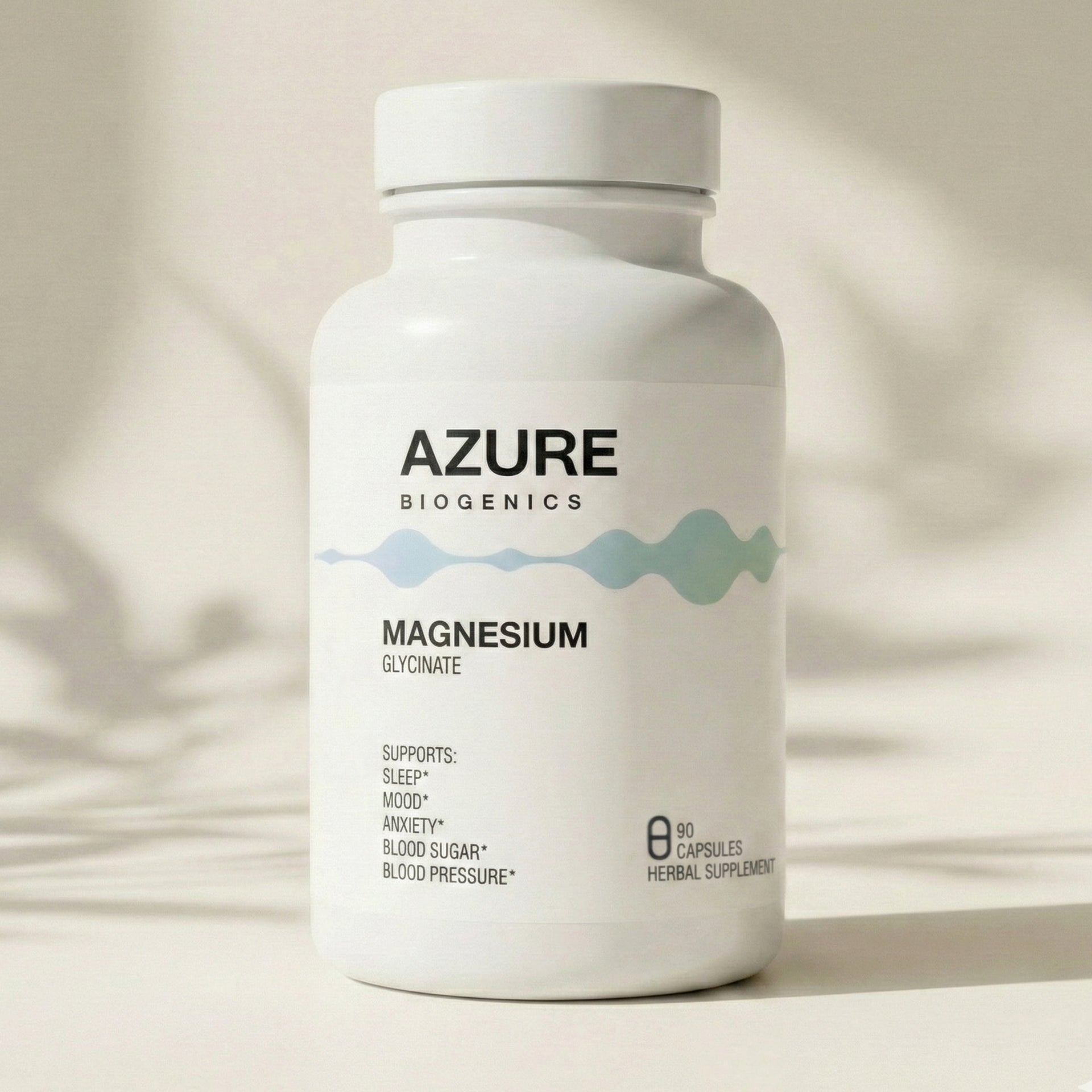 Azure Biogenics magnesium supplement bottle on a neutral background