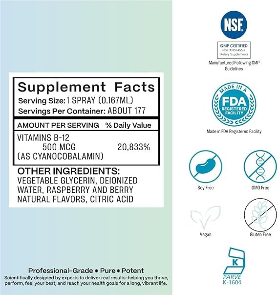 Vitamin B12 Liquid Spray - Concentrated, Superior Absorption - Supports Potent Energy Production*- Pure Clean Ingredients - 500 mcg - Berry Flavor, Alcohol Free - Kosher, Non-GMO, Vegan, 1 oz.
