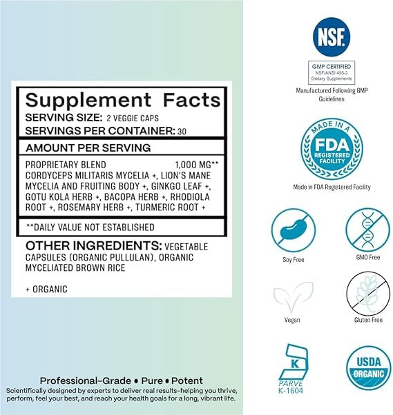 Organic Mushrooms & Nootropics Focus & Energy Formula - Lion’s Mane, Cordyceps, Ginkgo & Rhodiola - Supports Mental Clarity, Attention, Memory, Energy and Stamina* - 60 Capsules, 525 MG