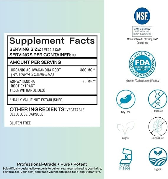 Ashwagandha Root - Organic Root + Full Spectrum Formula – Supports Stress, Sleep, Focus, Energy, Muscles and Hormones* – Pure, Vegan, Non-GMO, Gluten-Free, Kosher, 90 Capsules