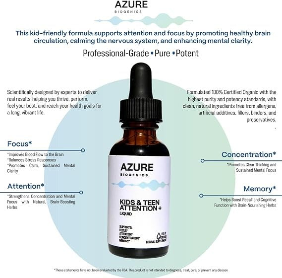 Kids & Teen Attention Liquid Herbal Supplement – Extreme Focus Formula with Ginkgo, Gotu Kola, Licorice & Rhodiola -Natural Brain Support & Concentration*