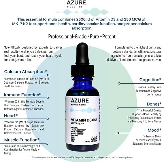 D3+K2 Liquid Mint Drops-High Potency D3 2500 IU, K2 (MK7) 250 mcg- Bioavailable, Fast Absorption- Supports Bone, Immune, Muscle Function, Cognition, Heart & Mood* - Pure Clean Ingredients
