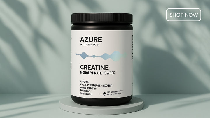 Azure Biogenics Creatine Monohydrate Powder container on a blue background